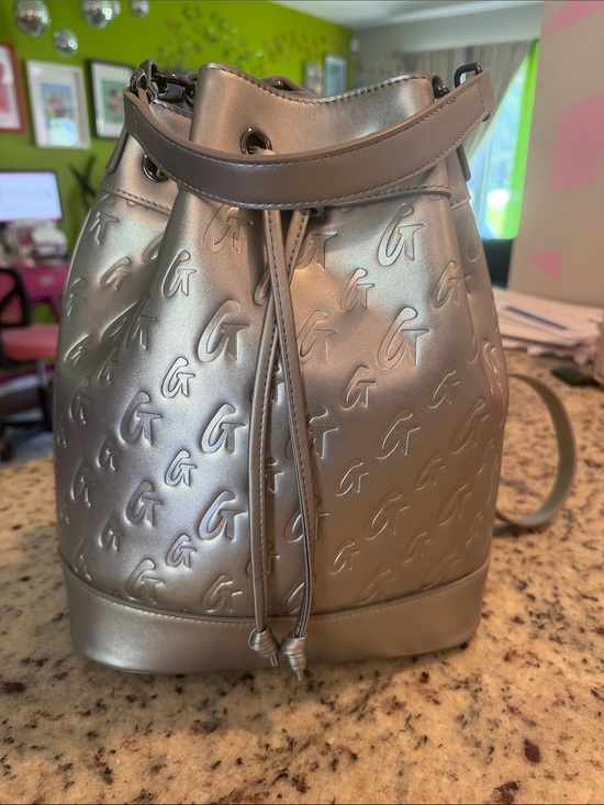 Glam-Aholic Handbags - Glam-Aholic Monogram Metallic Silver Embossed Drawstring Bucket Shoulder Bag